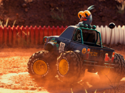 Stylized RC monster truck with a pigeon on a dirt race track